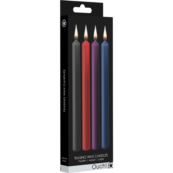TEASING WAX LONG CANDLES- PARAFFIN- 4-PACK - ASSORTED COLORS