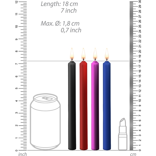 TEASING WAX LONG CANDLES- PARAFFIN- 4-PACK - ASSORTED COLORS
