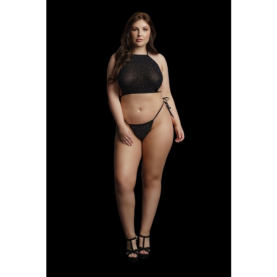 FESTIVE RHINESTONE TOP AND THONG - BLACK