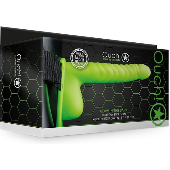 HOLLOW OUCH-STRAP-ON WITH TESTICLES - 8/21 CM - GLOW IN THE DARK
