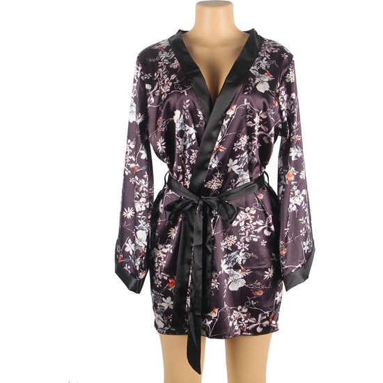 4XL-5XL PRINTED LONG SLEEVE SILK ROBE WITH THONG