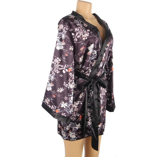 4XL-5XL PRINTED LONG SLEEVE SILK ROBE WITH THONG