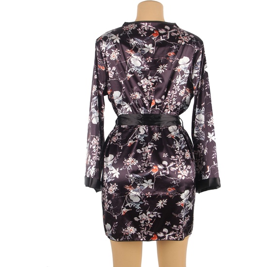 4XL-5XL PRINTED LONG SLEEVE SILK ROBE WITH THONG