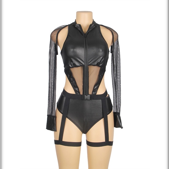 L-XL SEXY LONG SLEEVE LEATHER DEVIL COSTUME WITH FRONT ZIP BLACK