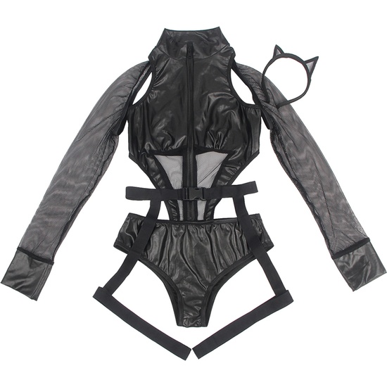 L-XL SEXY LONG SLEEVE LEATHER DEVIL COSTUME WITH FRONT ZIP BLACK