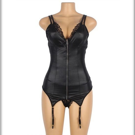 SEXY LEATHER BABYDOLL WITH FRONT ZIP TWO PIECE WITH GARTER STRETCH