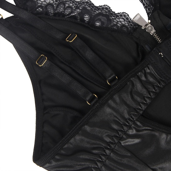 SEXY LEATHER BABYDOLL WITH FRONT ZIP TWO PIECE WITH GARTER STRETCH