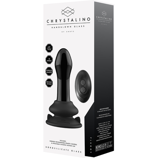 PLUGGY - GLASS VIBRATOR - WITH SUCTION CUP AND REMOTE - RECHARGEABLE - 10 SPEEDS - BLACK