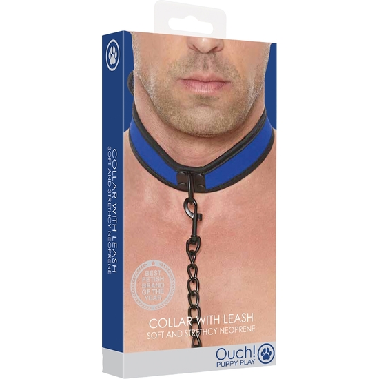 OUCH PUPPY PLAY - NEOPRENE COLLAR WITH LEASH - BLUE