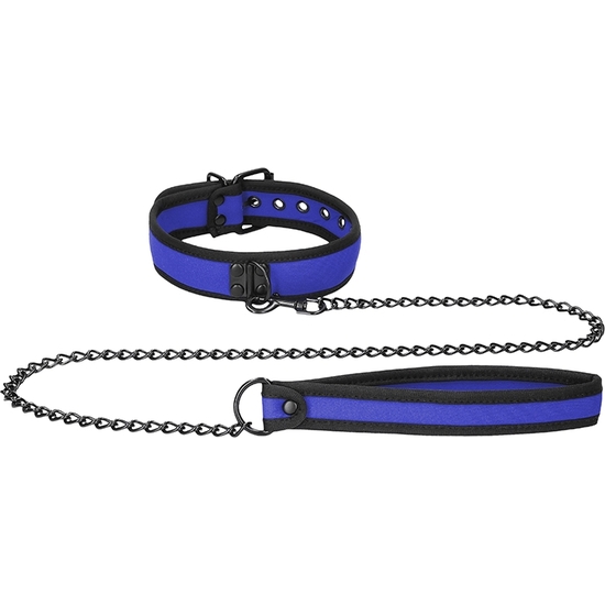 OUCH PUPPY PLAY - NEOPRENE COLLAR WITH LEASH - BLUE