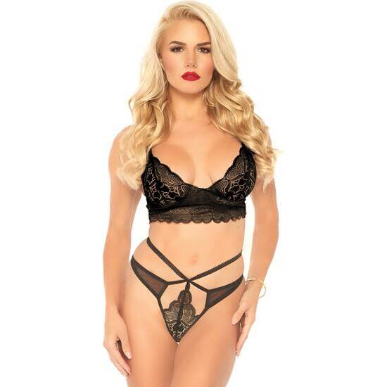 Buy Lace Bralette Set With Strappy Thong - Black Lace Bralette Set With Strappy Thong - Black