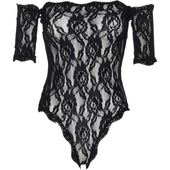 FLORAL LACE TEDDY BODYSUIT - BLACK
