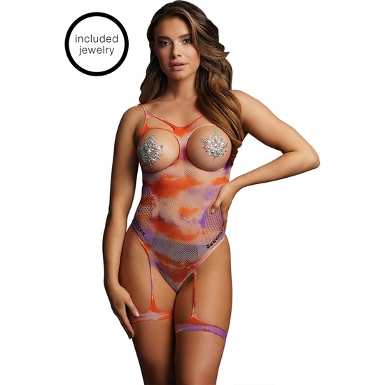 Buy Le Desir Batik-dyed Mesh Bodysuit With Open Cup Le Desir Batik-dyed Mesh Bodysuit With Open Cup