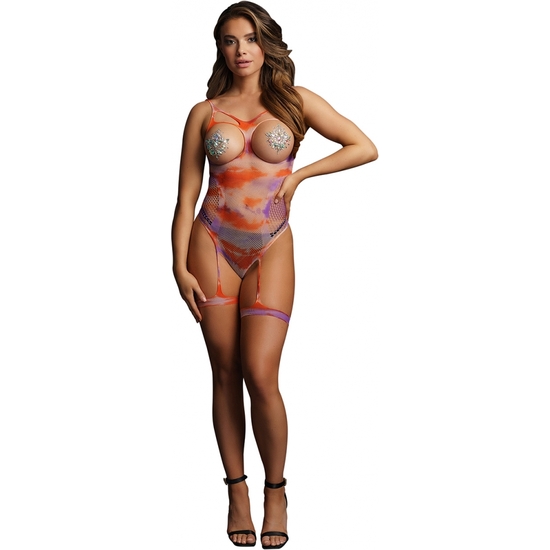 LE DESIR BATIK-DYED MESH BODYSUIT WITH OPEN CUP