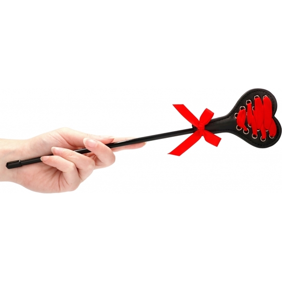 OUCH! LEATHER WHIP WITH SMALL HEART - BLACK AND RED