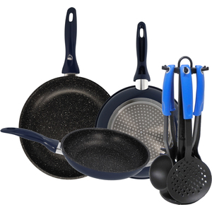 Juego De 3 Sartenes De 18, 20 Y 24 Cm, Aptas Para Inducción Más 6 Utensilios De