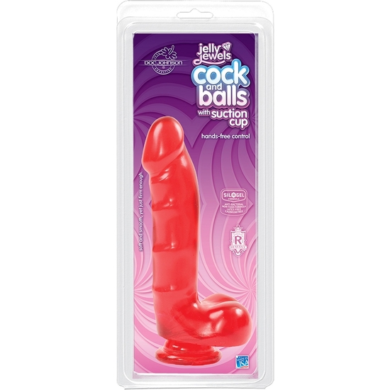 Jelly jewels - pene con testiculos y base de succión - rojo rubí (1)