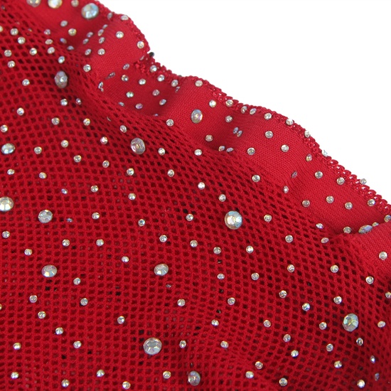 Conjunto sexy en rojo: sujetador, braguita, liguero, medias y guantes de red con imitación diamantes (6)